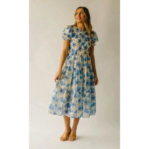 Jacquie The Label Midi Dress Sz L Cream Blue Peasant Milk Maid Cottage Prairie